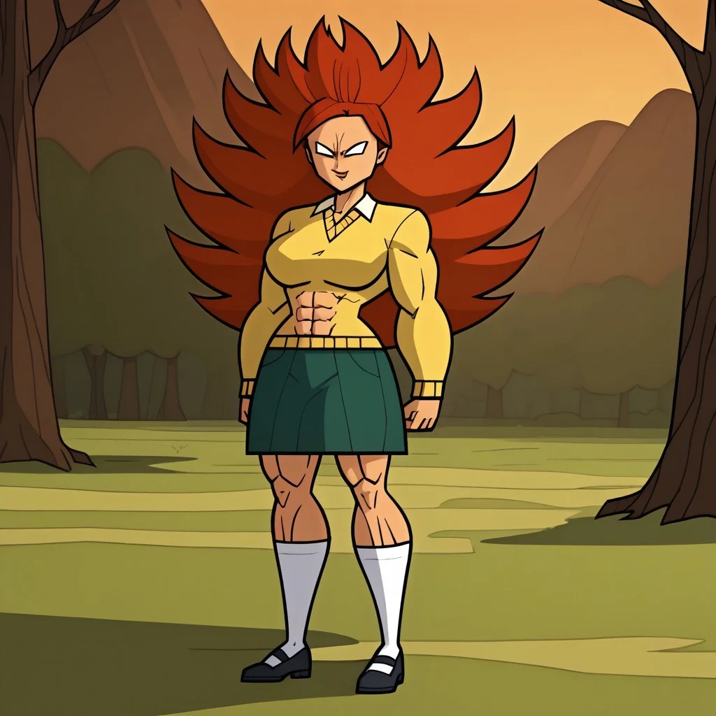 score_9, score_8, BREAK, solo, 1girl, yellow sweater, collared shirt, green skirt, white socks, black footwear, red hair, long hair, spiked hair, blank eyes, no pupils, muscular muscular female, abs, alternate muscle size, tall, big breasts, total drama, Evil_Scarlett_(Total_Drama), tdpi, legendary super saiyan, sexy pose, smile, outdoors, sunlight, shadows, evening lighting, natural lighting, forest, trees, grass, orange sky, sunset