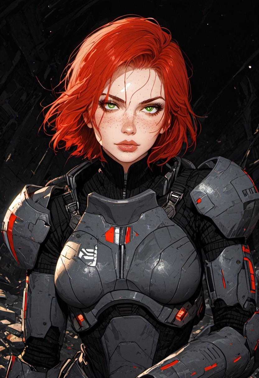 ((zPDXL3)), score_9, score_8_up, score_8, ((full body)), (sexy:2.5), (SuperQuality:1.0) ~ (SuperQuality:1.2), Science Fiction, Star Wars, perfecteyes, ultra detailed, high resolution, high quality, masterpiece, intricate details, intricate body, intricate landscape, knva, Expressiveh, European Instagram Model, upper body shot, low light, dungeon, ruins, green glow, black background, 
BREAK
1girl, solo, source_cartoon, mature female, 1girl, femshep, red hair, short hair, green eyes, freckles, science fiction armor, boots, holding gun, sitting on tank, crouching, cowboy shot, beautiful, full lips, looking at viewer, closed mouth,
