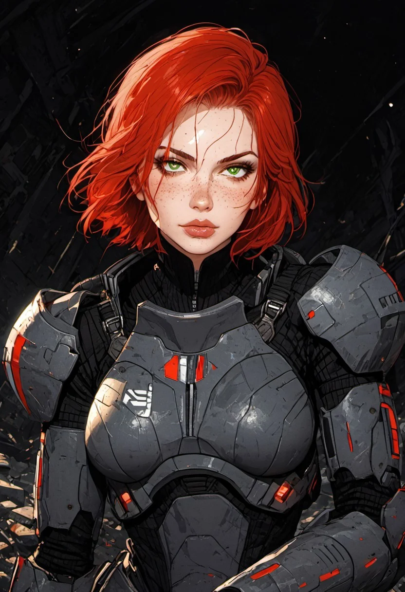 ((zPDXL3)), score_9, score_8_up, score_8, ((full body)), (sexy:2.5), (SuperQuality:1.0) ~ (SuperQuality:1.2), Science Fiction, Star Wars, perfecteyes, ultra detailed, high resolution, high quality, masterpiece, intricate details, intricate body, intricate landscape, knva, Expressiveh, European Instagram Model, upper body shot, low light, dungeon, ruins, green glow, black background,
BREAK
1girl, solo, source_cartoon, mature female, 1girl, femshep, red hair, short hair, green eyes, freckles, science fiction armor, boots, holding gun, sitting on tank, crouching, cowboy shot, beautiful, full lips, looking at viewer, closed mouth,