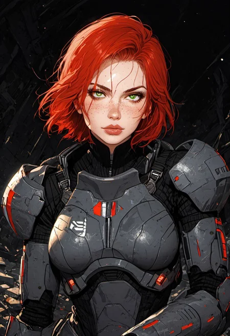 ((zPDXL3)), score_9, score_8_up, score_8, ((full body)), (sexy:2.5), (SuperQuality:1.0) ~ (SuperQuality:1.2), Science Fiction, Star Wars, perfecteyes, ultra detailed, high resolution, high quality, masterpiece, intricate details, intricate body, intricate landscape, knva, Expressiveh, European Instagram Model, upper body shot, low light, dungeon, ruins, green glow, black background,
BREAK
1girl, solo, source_cartoon, mature female, 1girl, femshep, red hair, short hair, green eyes, freckles, science fiction armor, boots, holding gun, sitting on tank, crouching, cowboy shot, beautiful, full lips, looking at viewer, closed mouth,