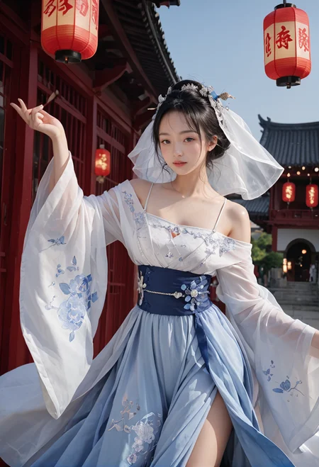 1girl,solo,sky lantern,dancing,,ruanyi0759,blue dress,hanfu,jewelry,veil,off shoulder,wide sleeves,white dress,<lora:0759 Yingluo blue Hanfu_v1_pony:1>, score_9,score_8_up,score_7_up,,8k,1girl,solo,