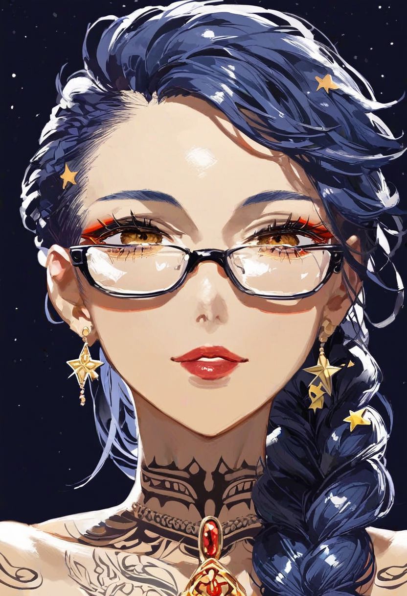score_9_up, score_8_up, score_7_up, very detailed, 
1girl, dark skin, dark blue hair, braided hair, sci fi glasses, transparent glasses, thick framed glasses, tattooed face, sovietpunk, sovietpunk clothing, communist themed long gown, decorated boy suit, royalty, regal clothes, flowing cape, wearing tunic over bodysuit, well dressed, night time, starry skies, solo focus on female face, close up shot, from torso up, portrait style, anime style, detailed face, best detail, (best quality:1.5), masterpiece, (high resolution:1.5) 
ng_deepnegative_v1_75t, OverallDetail, , Expressiveh