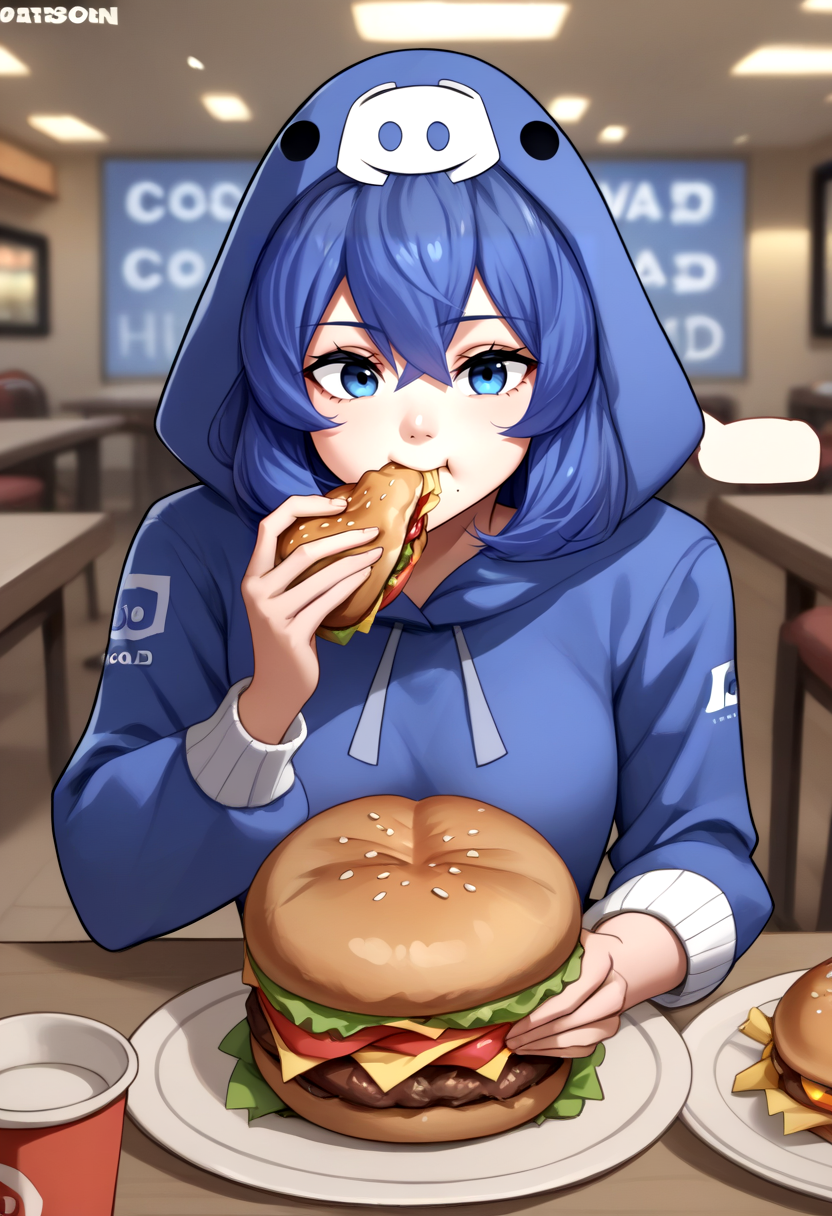 score_9, score_8_up, score_7_up, source_anime, 1girl, dcchan, blue hoodie, animal hood, <lora:DCchanXLPD:1>, upper body, pov across table, food, cafe, burger, eating,