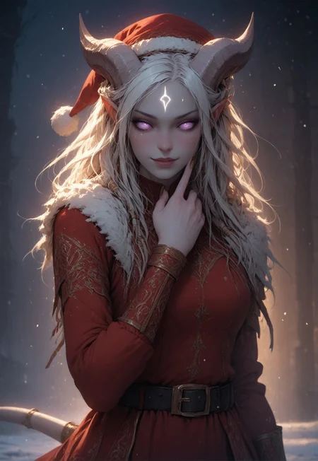 (absurdres, best quality, masterpiece:1.4), score_9, score_8_up, score_7_up, score_6_up, detailed, detailed body, detailed face, world of warcraft, fantasy, <lora:add-detail-xl:1.5>, 

fFaceDetail, ((female, draenei, tall, athletic arms, pale white skin, long white hair, purple eyes, no sclera, long white tail), (h0rns, ram horns, white horns), 
(long fingers, gold fingernails, gold nail polish)), 

alone, upper body, standing, looking toward viewer, soft smile,

Red santa dress with a white fur trim, red santa hat with a white fur trim, black belt with a gold buckle, black knee high boots, White thigh high socks

depth of field, evening, outdoor, harbour, snowing, light snow