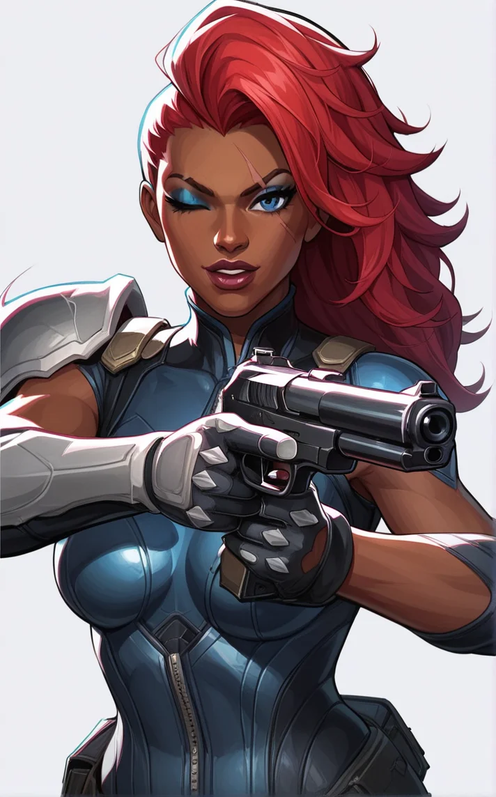 score_9, score_8_up, score_7_up, absurdres, <lora:PONYXL_STYLE_MarvelRivels_ownwaifu:1>, BREAK PONYXL_STYLE_MarvelRivels_ownwaifu, 1girl, long hair, looking at viewer, blue eyes, simple background, holding weapon, red hair, armor, upper body, scar, one eye closed, grey background, portrait, gloves, holding gun, dark skin, official alternate costume, dark-skinned female, makeup, bodysuit, asymmetrical hair, aiming at viewer, firing<lora:add-detail-xl:0.15>,