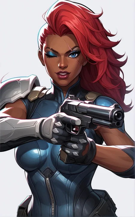 score_9, score_8_up, score_7_up, absurdres, <lora:PONYXL_STYLE_MarvelRivels_ownwaifu:1>, BREAK PONYXL_STYLE_MarvelRivels_ownwaifu, 1girl, long hair, looking at viewer, blue eyes, simple background, holding weapon, red hair, armor, upper body, scar, one eye closed, grey background, portrait, gloves, holding gun, dark skin, official alternate costume, dark-skinned female, makeup, bodysuit, asymmetrical hair, aiming at viewer, firing<lora:add-detail-xl:0.15>,