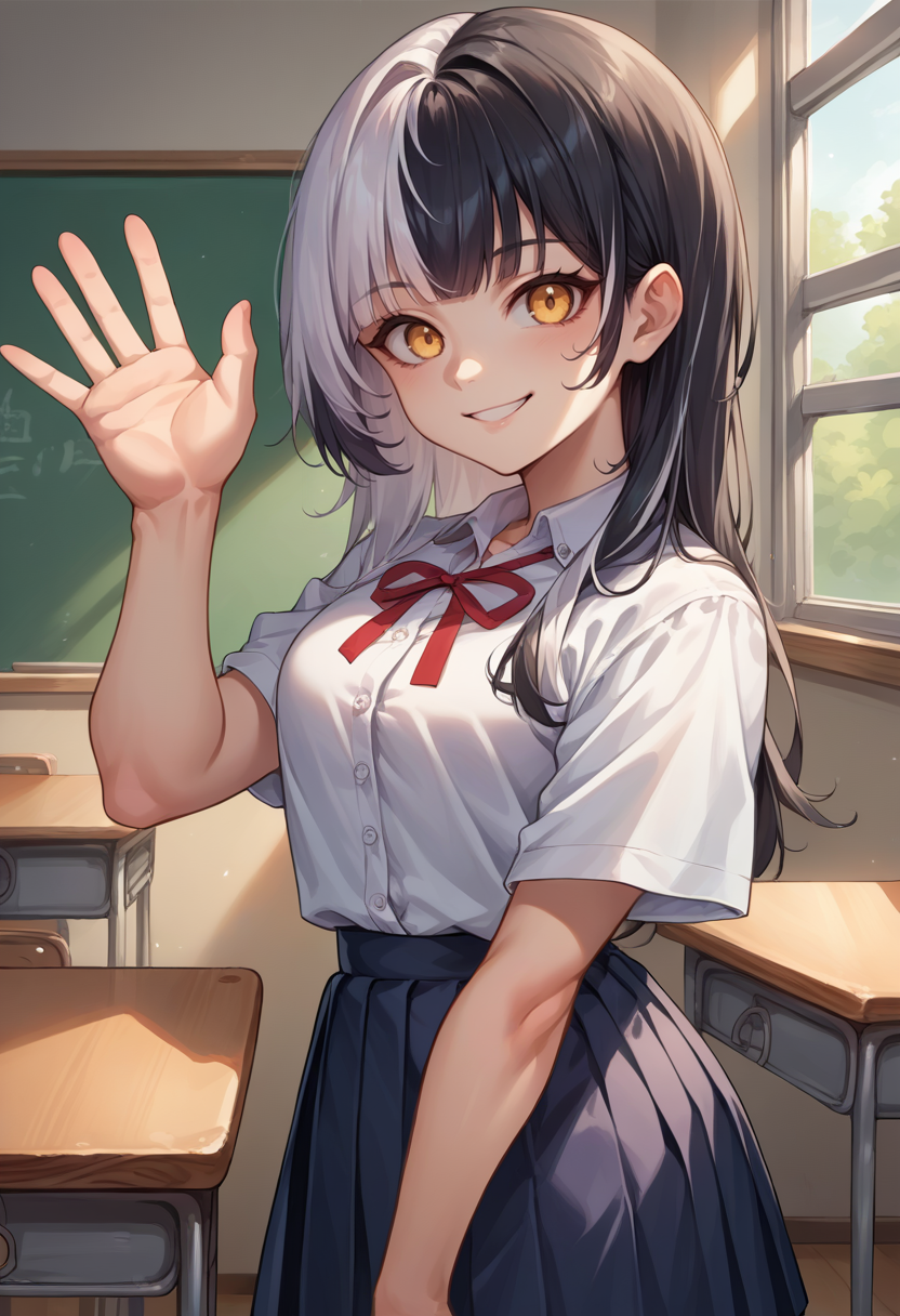 score_9, score_8_up, score_7_up, source_anime, 1girl, solo, ShioriNovella, split-color hair, white hair, black hair, yellow eyes, long hair, classroom, window, school uniform, dress shirt, pleated skirt, waving at viewer, smile, <lora:ChamShioriNovella:1>