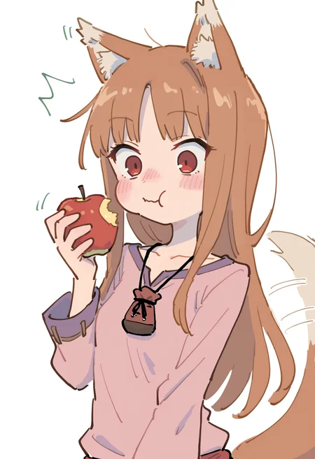 firedotinc,
holo, 1girl, animal ear fluff, animal ears, apple, blush, brown hair, collarbone, eyelashes, food, fruit, hand up, holding, holding food, holding fruit, jewelry, long hair, long sleeves, necklace, parted bangs, pink shirt, purple trim, red eyes, shirt, simple background, solo, tail, tail raised, white background, wolf ears, wolf girl, wolf tail, tail wiggle, biting, surprised, eating food,
, masterpiece, best quality, good quality, motion lines, chewing, closed mouth,
, masterpiece, best quality, good quality,
<lora:ai_styles_collection_noob_eps-1.1-v5:1>