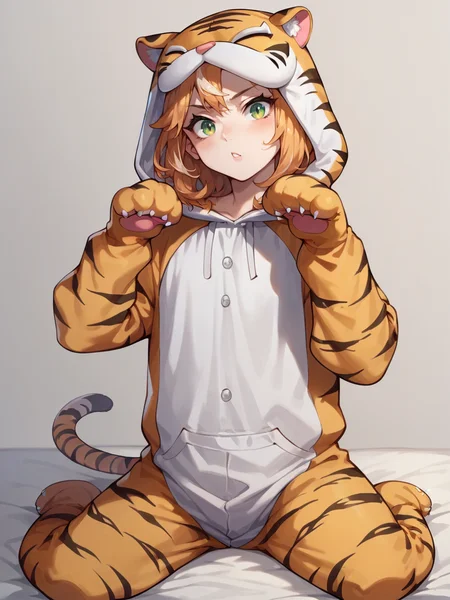 score_9, score_8_up, score_7_up, score_6_up, score_5_up, <lora:KittyonesieXLP2:0.7> kitty onesie, animal costume, hood, tail, solo, 1girl, tiger print, cat costume,