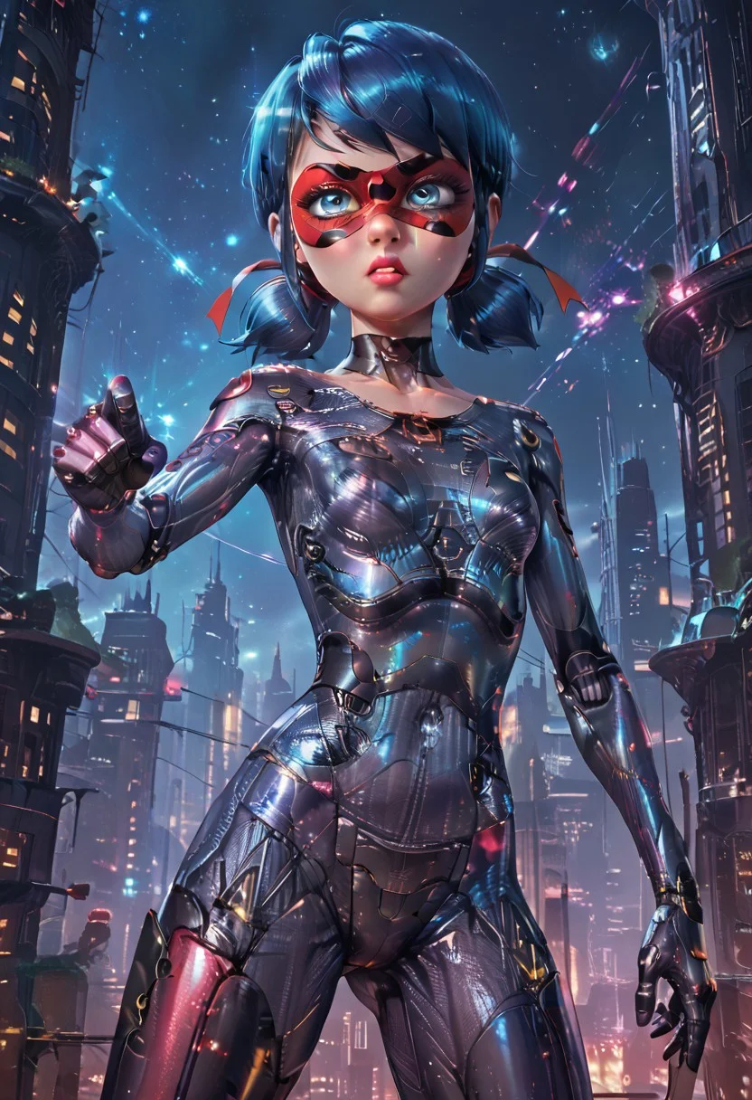 score_9, score_8_up, score_7_up, 1girl, solo, imtdldybg, (adult body:1.2), perfect eyes, slim body, small round breasts, tiny butt, narrow waist, narrow hips, polka dot, mask, domino mask, blue hair, blue eyes, low twintails, short twintails, hair ribbon, makeup, eyeliner, lipstick, cyborg, fighting pose, futuristic-city street in the background