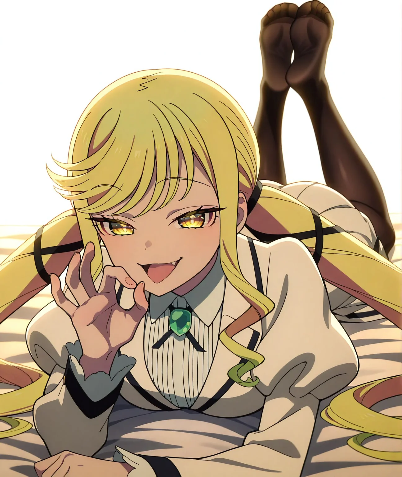 masterpiece, best quality, newest, absurdres, highres, detailed eyes, beautiful, detailed background, perfect eyes, anime coloring, anime screencap,
<lora:add-detail-xl:0.5>
1girl, solo, nude, full body, mouth open, smug, fang, medium breasts, on stomach, ass, looking at viewer, feet up, simple background, white background, sheets, hands, foot, hand focus, foot focus, (fellatio_gesture), hand gesture
<lora:Rock_Is_a_Ladys_Modesty:1> rock_ladyV1.
1girl,long hair, yellow eyes,
blonde hair,twintails, white school uniform,
smile,skirt,long sleeves,
pantyhose,brooch,r_ririsa,