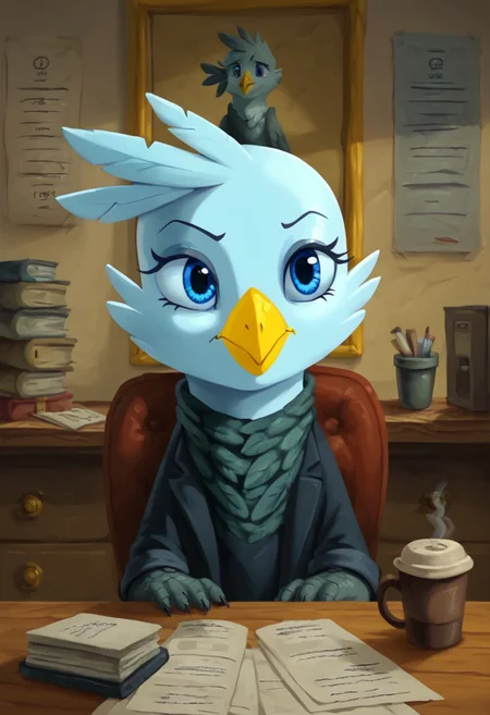 score_9, score_8_up, score_7_up, high quality, 1girl, solo, Genevieve Guildedwing, griffon, mlp, avian, feral, female, thin eyebrows, blue eyes, long eyelashes, yellow beak, bright feathers, feathery ears, drinking coffee, sitting at retro business desk, in retro office,