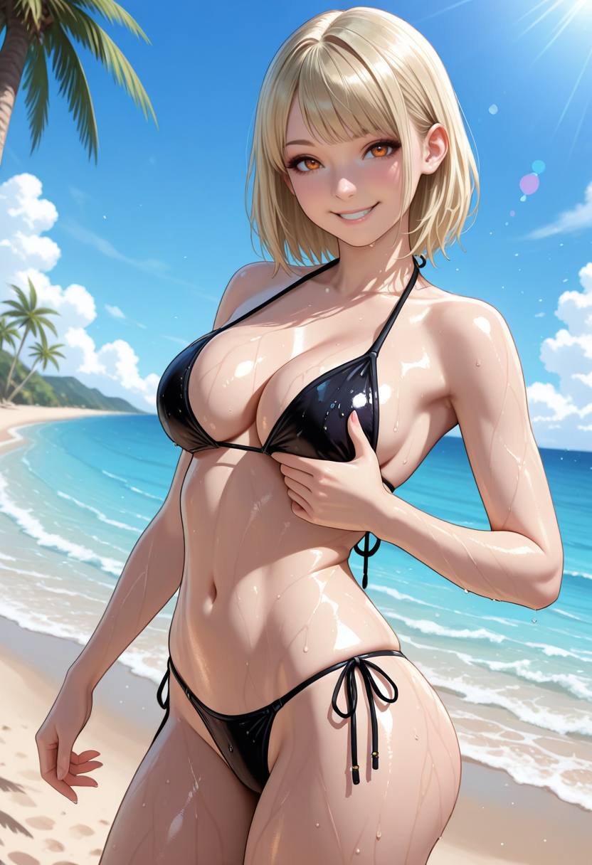 masterpiece, very aesthetic, best quality, absurdres, newest,
<lora:ILRE4Ashley:1.0>
RE4Ashley, 1girl, blonde hair, medium hair, amber eyes, bangs, looking at viewer, swimsuit, black bikini, beach, outdoors, palm tree, day, ass, navel, side-tie bikini bottom, smile, cleavage, thong bikini, shiny skin, ocean, wet, sand, sky, halterneck, water, micro bikini