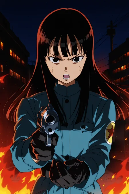 anime screencap, absurdres, high quality, official style,
agent mai, long hair, black hair, black eyes, serious, open mouth, upper body, military uniform, black gloves, ((gunpointed at viewer)), ruined city, night sky, fire, dappled moonlight, red hue, night,
<lora:Mai_IL:0.8>