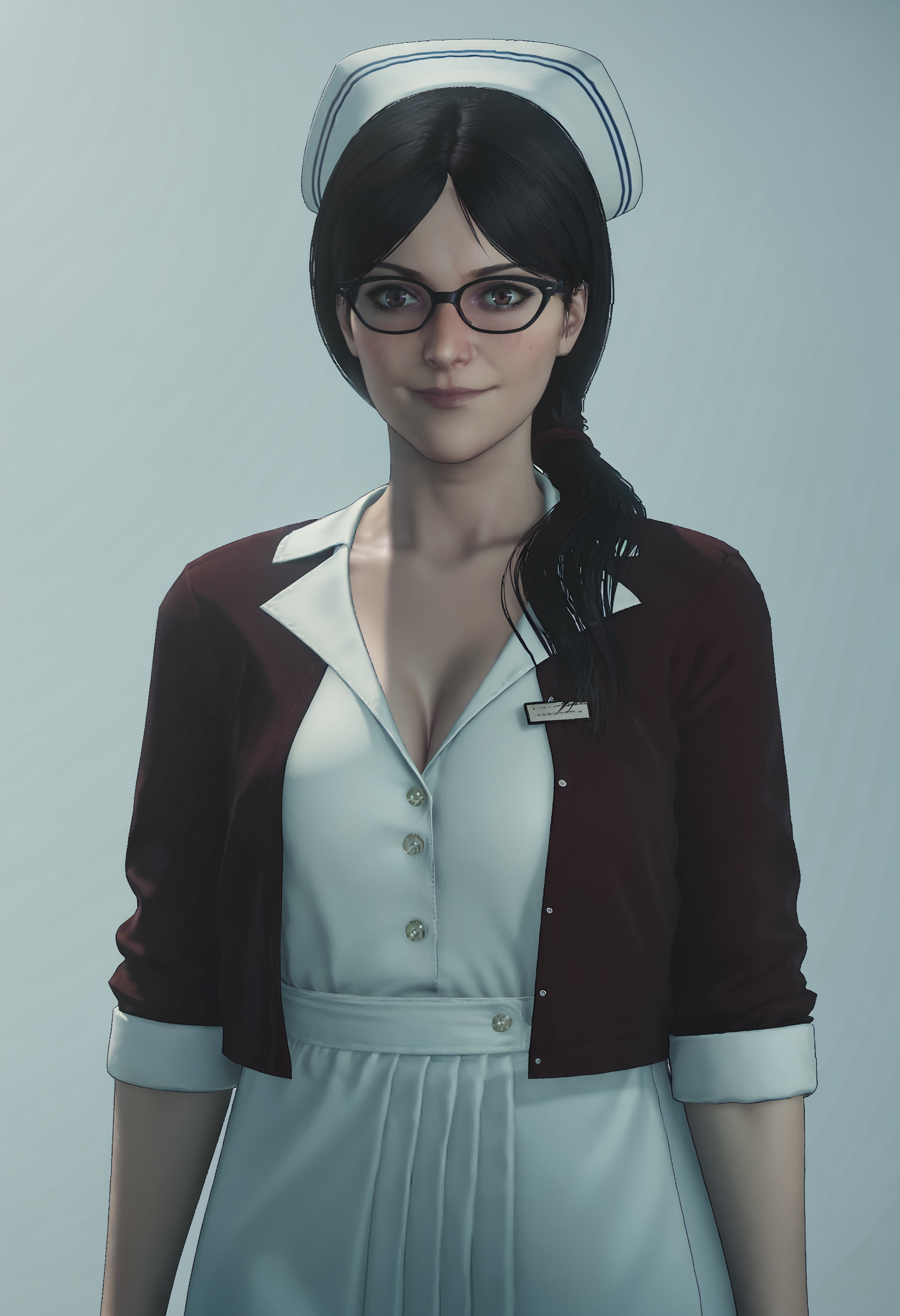 score_9, score_8_up, score_7_up, score_6_up, score_5_up, score_4_up, 1girl, <lora:TatianaGutierrez:0.85> solo, large breasts, long hair, black hair, brown eyes, hair over shoulder, dress, jacket, nurse cap, glasses, nurse, pantyhose, open toed shoes, high heels, smile, blush, upper body, cleavage, 
light blue background, simple background,