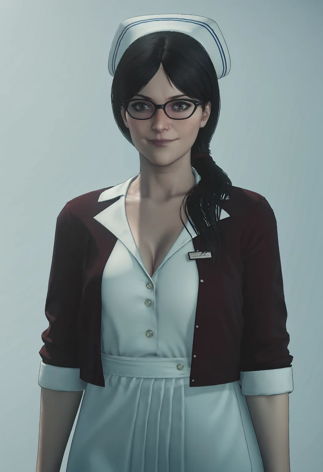 score_9, score_8_up, score_7_up, score_6_up, score_5_up, score_4_up, 1girl, <lora:TatianaGutierrez:0.85> solo, large breasts, long hair, black hair, brown eyes, hair over shoulder, dress, jacket, nurse cap, glasses, nurse, pantyhose, open toed shoes, high heels, smile, blush, upper body, cleavage,
light blue background, simple background,