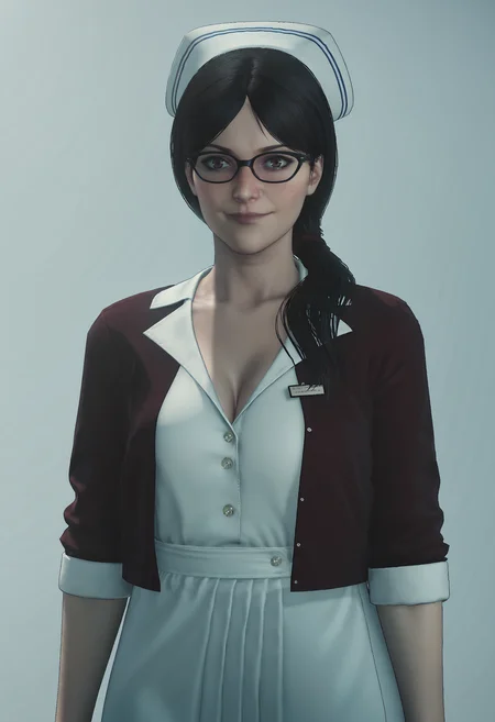 score_9, score_8_up, score_7_up, score_6_up, score_5_up, score_4_up, 1girl, <lora:TatianaGutierrez:0.85> solo, large breasts, long hair, black hair, brown eyes, hair over shoulder, dress, jacket, nurse cap, glasses, nurse, pantyhose, open toed shoes, high heels, smile, blush, upper body, cleavage,
light blue background, simple background,