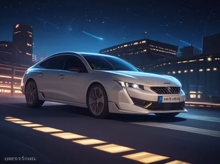 score_9,score_8_up,score_7_up, 508 berline, peugeot 508,detailed background, in the city,futuristic, alien planet, night, galaxies,sci-fi, night, neons, lights on road <lora:508_xl:1>