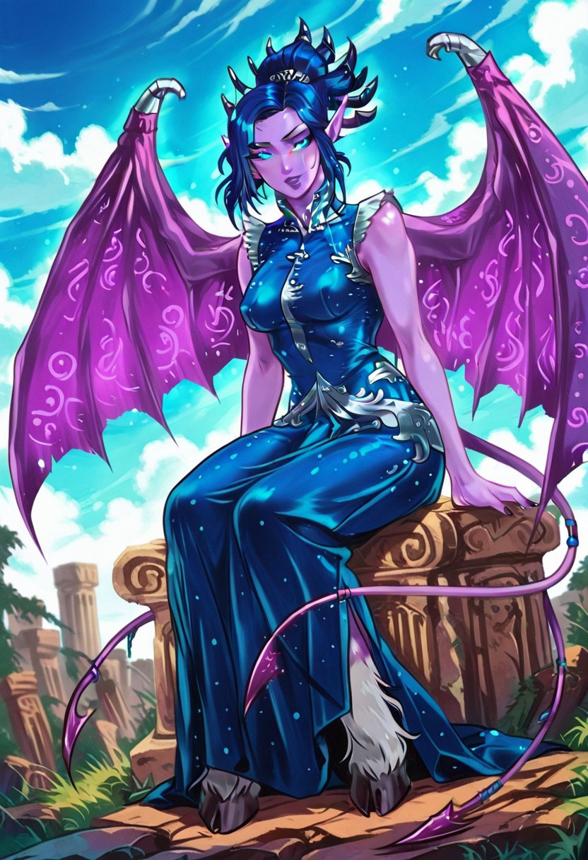 NocticulaTRQ, 1girl, solo, colored skin, purple skin, short hair, blue hair, horns, hair bun, bangs, blue eyes, nose, purple lips, pointy ears, earrings, long blue dress, dress ornament, cutout dress, large breast, sleeveless dress, demon wings, demon tails, hooves,
,seductive pose, sexy pose, tease, 
masterpiece, best quality, fine details, intricate details, depth of field, subsurface scattering, bokeh,
 ultra-detailed, very aesthetic, detailed background, newest, scenery, highres, absurdres, colorful, vibrant, glowing, perfect face, 2d, perfect eyes,  vibrant saturated colors, volumetric lighting, sharp, detailed eyes, perfect anatomy,  perfect face, perfect eyes, mature body, clear eyes, beautiful eyes, athletic, curvy body, athletic girl, perky tits, perfect tits, round breasts, pinup pose, teasing, lustful expression, perfect hands, 
muscular female, dutch angle, 
, floating hair, floating clothes, outdoors, sitting, stone, ruins, blue sky, cloud, grass, futanari, bulge, 
,Smooth Negative, uncensored,
90s_anime_aesthetic, 1990s (style), retro, retro artstyle,dark_fantasy_style, dark fantasy, retro,