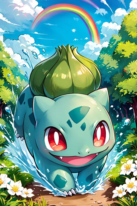 score_9, score_8_up, score_8, ,,, , ,,, zzBulbasaur, smile, open mouth, red eyes, full body, flower, :d, outdoors, sky, day, tongue, cloud, water, tree, blue sky, looking to the side, fangs, happy, grass, white flower, bright pupils, claws, white pupils, water drop, bush, splashing, rainbow, <lora:BulbasaurPokedexPDXL:1.0>, ,,,, BREAK, smile, looking at viewer, ,,, abstract background, white outline, cowboy shot, ,,, embedding:zPDXL, Expressiveh, ,,, <lora:CatalystStylePDXL:0.6>, <lora:SDXLFaeTastic2400:0.5>, <lora:Expressive_H-000001:0.4>,