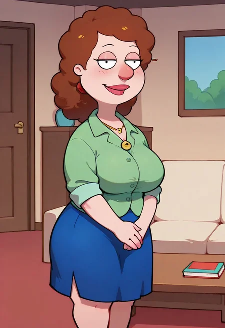 score_9,score_8_up,score_7_up,score_6_up,best quality, 1girl, solo, living room, couch, indoors,
BREAK
unnamed girl, brown hair, black eyes, big nose, (mature female:1.5), (plump:1.2), large breasts, gigantic hips, thick thighs, green sweater, rolled up sleeves, blue skirt, stockings, own hand together, blush, smile, looking at viewer, long skirt, half-closed eyes, necklace,