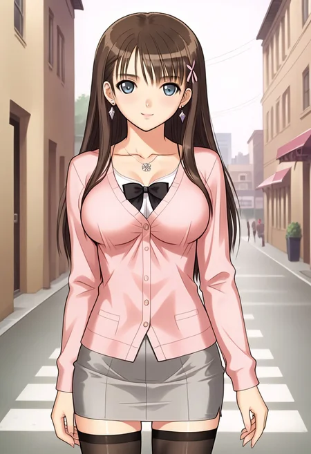 in school, jewel necklace, (seductive body, long hair, long sidelock hair, brown hair,  ribbon on hair, grey skirt, solo, pink cardigan, black t-shirt, pencil skirt,collarbone,), thigh-highs, 1girl, best quality, cowboy shot, seductive smile, tony taka, Overall Detail, (slim, contrapposto, standing, earrings, looking at viewer, young-adult), large breast, tony taka, negative hand, Fix hand