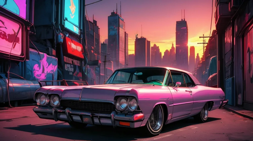 photo of cyberpunk ((retro lowrider car) <lora:lowrider:0.4>,:1.1), at the parking lot, at night city,manhattan city background, beautiful sunset, the buildings are covered in (futuristic graffiti:1), many buildings have neon signs, in the style of Moebius <lora:Moebius (Jean Giraud) Style:1>