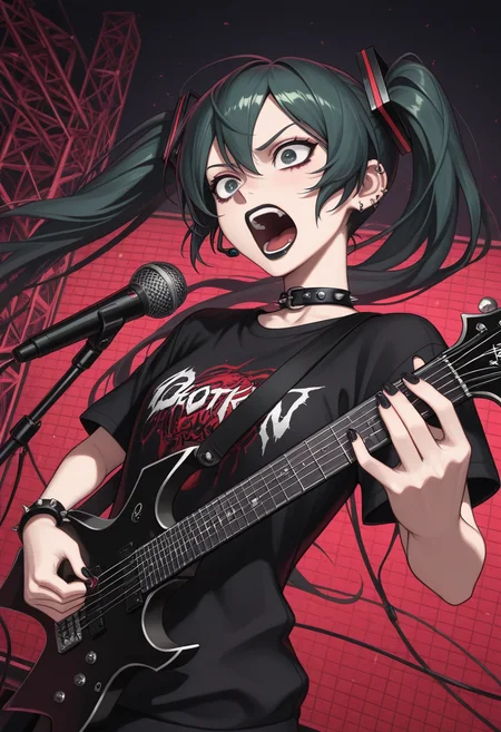 masterpiece, best quality, Graphic Design, color art, vibrant colors, colorful, intricate details, high contrast, detailed background, beautiful detailed, beautiful face, detailed eyes, detailed face, new, newest, w4rl0ck, instrument, electric guitar, holding instrument, playing instrument, 1girl, solo, hatsune miku, black hair, black lipstick, makeup, punk, stage, dutch angle, (upper body, perspective:1.4), microphone stand, open mouth, screaming, frown, heavy metal, holding plectrum,