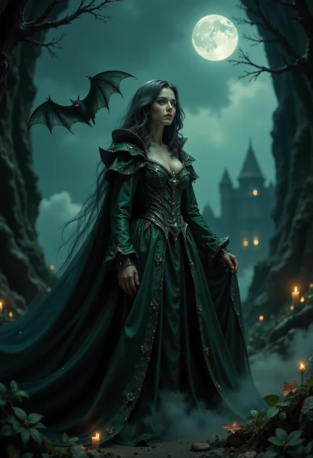 masterpiece, realistic scenery, ultra high quality, a gorgeous 23yo female vampire looks for victims in an medival castle, completely covered from the neck down, ancient dark green vampire robe with shimmering emeralds, a vampire bat in the air, night, moonshine, gloomy clouds, fog, close-up, (SFW:1.2), dark fantasy, eerie, horror, <lora:Flux Darkfantasy_epoch_1>