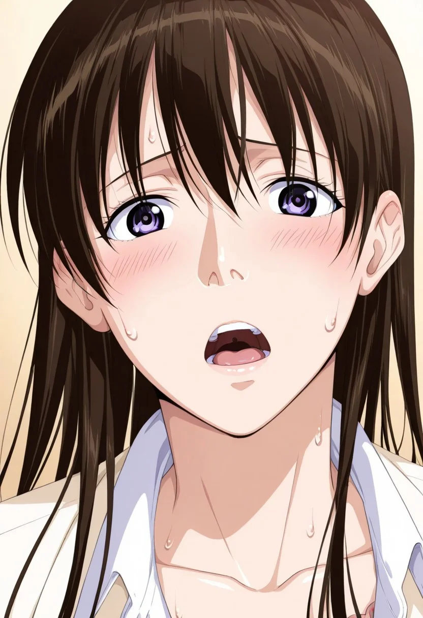 score_9, score_8_up, score_7_up, source_anime,(extremely detailed CG), (best quality), 
1girl, blush, brown hair, sweat, open mouth, purple eyes, long hair, karen,looking at viewer,