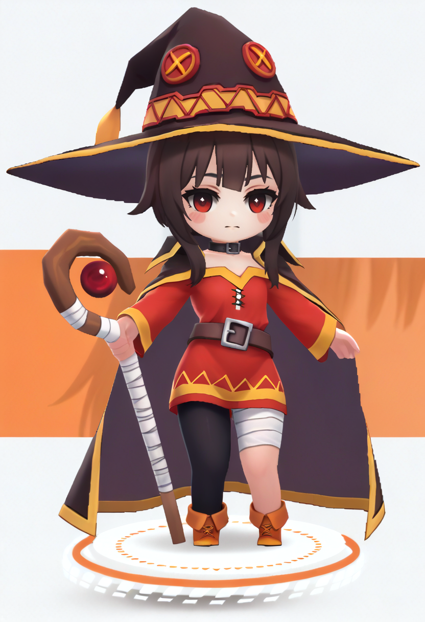 score_9, score_8_up, score_7_up, source_anime BREAK 1girl, solo, chibi, <lora:chibi-nikke-richy-v1_pdxl:1> megumin, witch hat, asymmetrical legwear, holding staff