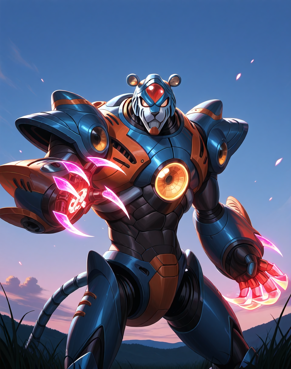 <lora:Neon_Tiger_(Mega_Man_X)_(Illustrious)_(AD):1> Neon Tiger, reploid, MMX, 
exterior, sky with clouds, grassy valley,
male focus, intense shadows, dynamic shadows, intricate details, attention to details, gradient coloring, bright vivid colors, robot, bent leg, glossy metal body, cowboy shot, abs, orange and pink and blue armor, ((neon plasma claw weapons, ):1.5), 
BREAK very awe, masterpiece, best quality, amazing quality, very aesthetic, highres, absurdres, photographic realism, 8K CGI render,
EZRealPONYXL, zPDXL, Smooth Quality, lazynsfw,