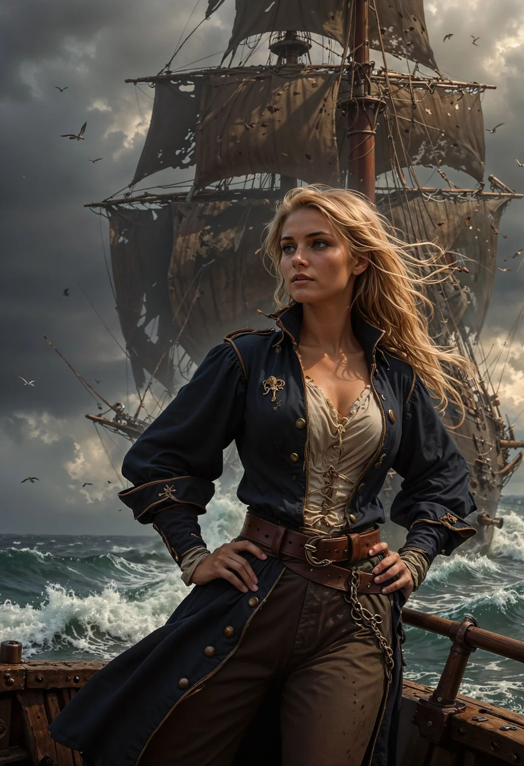 Grimy 24-year-old blonde pirate woman with weathered skin, sea-sprayed hair, and a salty gaze leaning against mast of. her storm-battered ship, a dagger by in her hand limp at her side, exhausted after another sea battle. The rough grey sea stretching out before her like an endless battlefield, waves crashing against the vessel's hull as dark, foreboding clouds gather on the horizon, an airship looming in the distance, its billowing sails tattered, the pirate's tunic a deep, rich blue with sea-worn whites and tawny leather accents, contrasting warm golden light on weathered wood and cold blue shadows, 8k hyper-real fantasy matte painting in the style of Simon Stalenhag, ZBrush textures and Unreal Engine 5, detailing reminiscent of Iain McCaig's concept art, loose brushstrokes echoing the rugged seascape my soulmate
<lora:Flux-style-xl-lora:0.5> <lora:DetailMaximizer:1> <lora:CinematicStyle_v1:1> <lora:zavy-cntrst-sdxl:0.5> <lora:- SDXL - vanta-black_contrast_V3.0:0.5>
