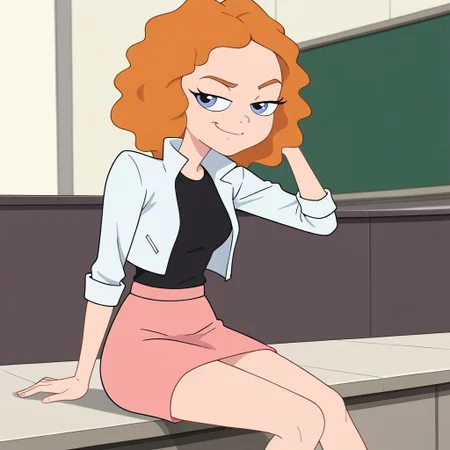 score_9, score_8, score_9, BREAK, melissa, brown hair, blue eyes, black shirt, pink skirt, jacket, smirk, seductive, sitting