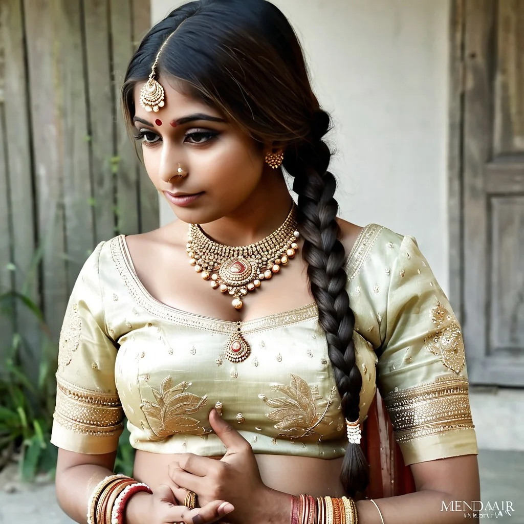 18 year old Indian girl, (bindi, nosering, jhoomkas, detailed face:1), (mehendi, detailed skin:1), (long hair, braided, two braids detailed hair:1), huge tits, erect brown nipples, long indian bridal necklace, heavy bridal jewellery, bangles, pregnantlora