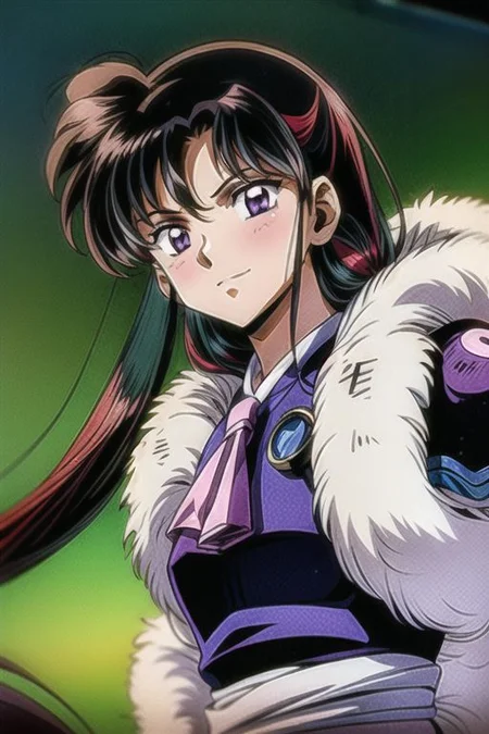 best quality 1girl Setsun4 solo long hair, (night time) forest background black hair very long hair purple eyes multicolored hair armor, small, (fur trim) (medium body),<lora:EMS-179-EMS:0.800000>,<lora:EMS-293862-EMS:0.800000> bow, hair_bow, hair_tubes, red_bow, brown_hair, long_hair, bangs, ascot, frilled_bow, yellow_ascot, blush, smile, hair_between_eyes, athletic, armor, miko, Smiling, happy,
