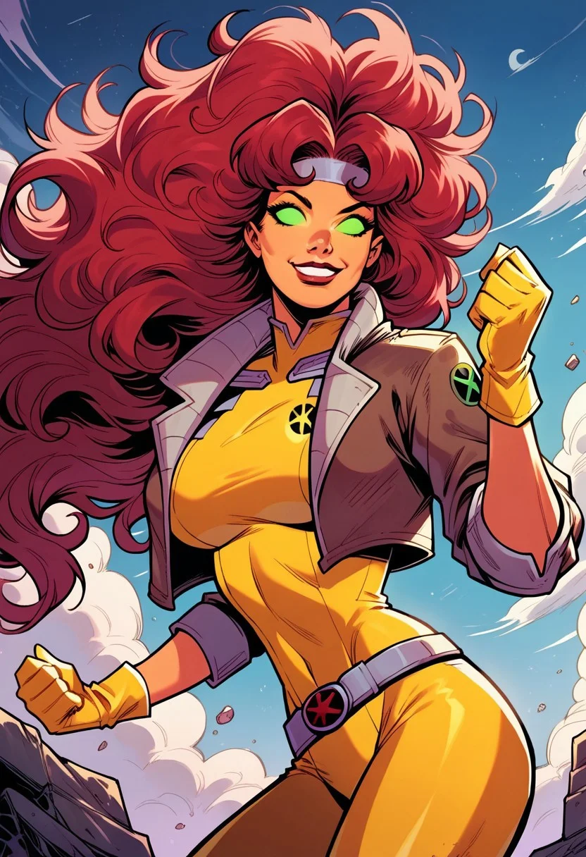 score_9, score_8_up, score_7_up, 1girl, solo, StarfireDG, RogueXMXL, green eyes, no pupils, lipstick, red hair, two-tone hair, long hair, white bangs, messy hair, headband, big breasts, cropped jacket, brown jacket, yellow bodysuit, long bodysuit, yellow gloves, belt, yellow boots, full clothed, happy, smile, <lora:Starfire_PonyXL:0.8> <lora:r0gue:0.9>