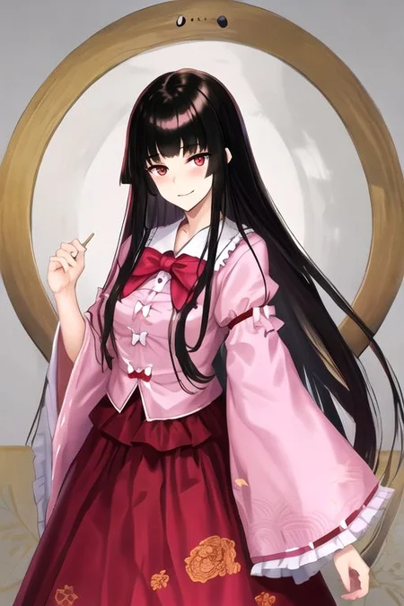 Kaguya, 1girl, solo, long hair, looking at viewer, blush, smile, bangs, skirt, shirt, black hair, red eyes, long sleeves, bow, very long hair, closed mouth, frills, japanese clothes, wide sleeves, blunt bangs, bowtie, sleeves past wrists, red skirt, floral print, frilled skirt, white bow, frilled sleeves, sleeves past fingers, pink shirt, frilled shirt collar, hime cut, breasts