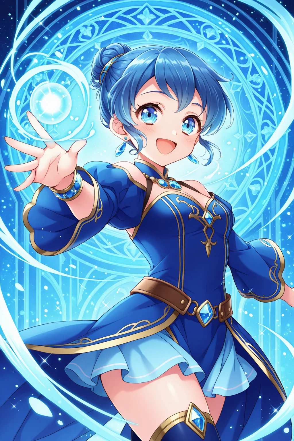 <lora:Grimoirerefrain:1>, Grimoirerefrain, 1girl, blue eyes, blue hair, solo, smile, open mouth, looking at viewer, jewelry, hair bun, earrings, thighhighs, :d, blue theme, fantasy, magic,