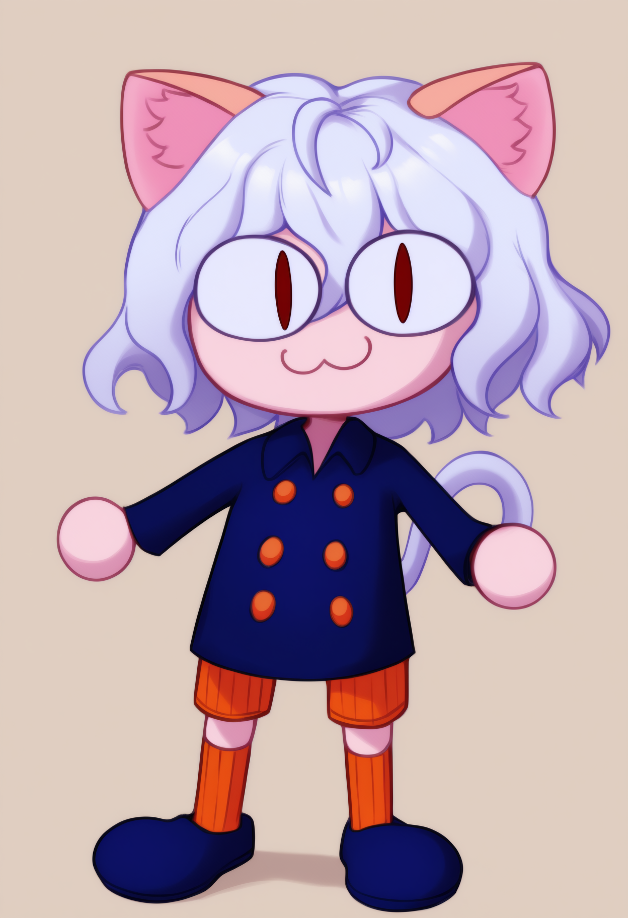 newest, noccen, :3, chibi, animal ear fluff, slit pupils, full body, solo, 1girl, doll joints, cat tail, looking at viewer, standing, short hair, white hair, curly hair, hair between eyes, animal ears, red eyes, blue jacket, collared jacket, buttons, double-breasted, long sleeves, orange shorts, ribbed shorts, orange socks, ribbed socks, blue shoes, simple background