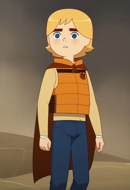 1boy, ben, solo,  blonde hair, blue eyes, sweater, blue pants, vest, brown cape, bulge