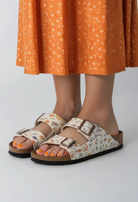 1girl, solo, simple_background, white_background, birksonfeet, orange_toenail_polish, close-up, lower_body, footwear_focus, patterned, long_skirt
