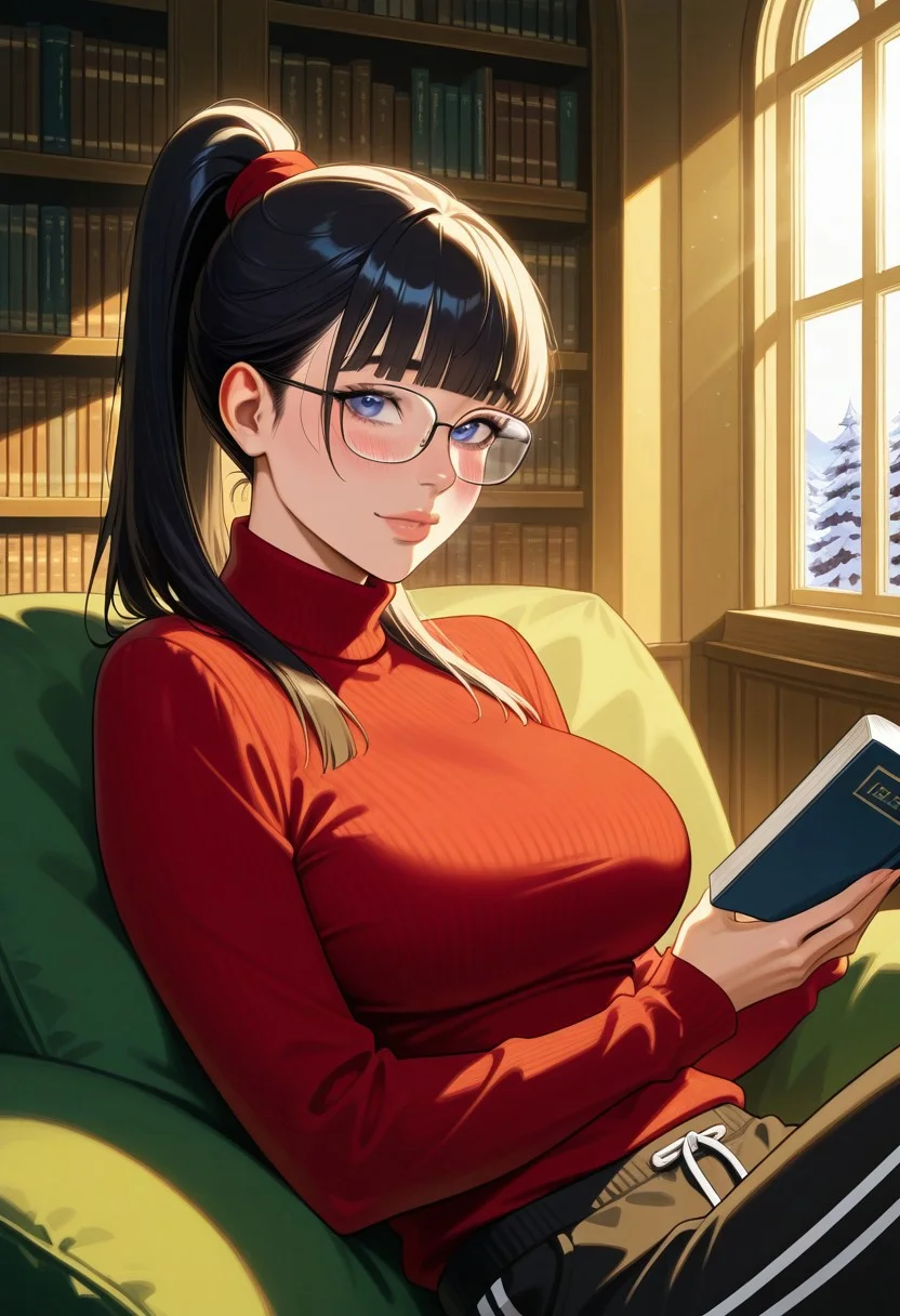 realistic, highly detailed, sunlight, god rays, winter, thepit, 1girl, upper body,
sitting, relaxing, holding book, looking at viewer, blushing,
black hair, high ponytail, blunt bangs, straight hair, red hairtie,
blue eyes, perfect eyes, detailed face, elegant face, glasses, thick frames, nerdy,
skindentation, detailed skin, large breasts, toned female,
turtleneck, red sweater, black sweatpants with two vertical white stripes,
indoors, library, window,