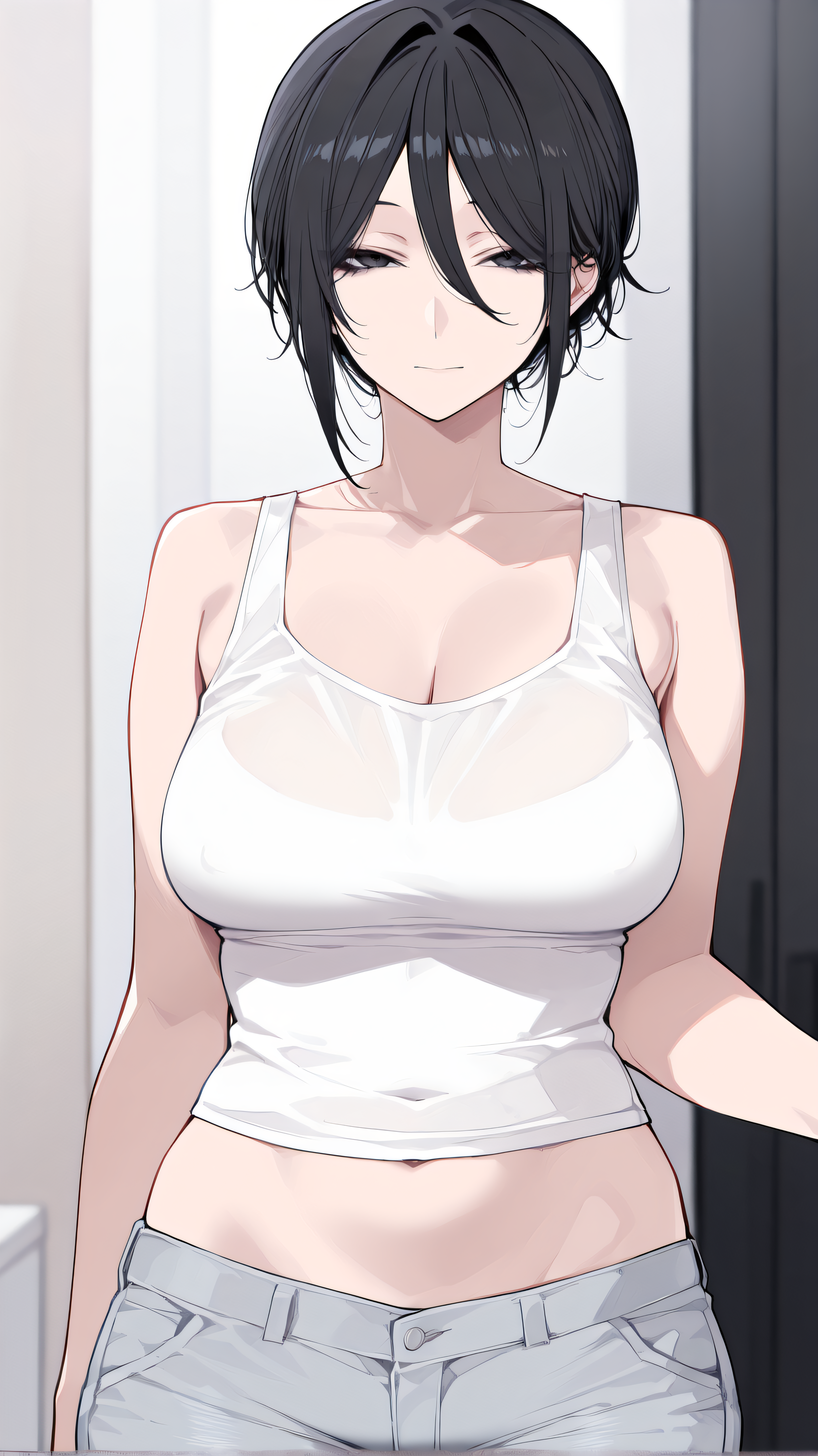 1girl, solo,beautiful detailed eyes, single hair bun, hair bun, short hair,  hair between eyes,black hair,black eyes, looking at viewer,,(medium breasts),



jeans, bare shoulders,white tank top,navel,


solo,ass
























masterpiece,best quality,amazing quality,highres, 



