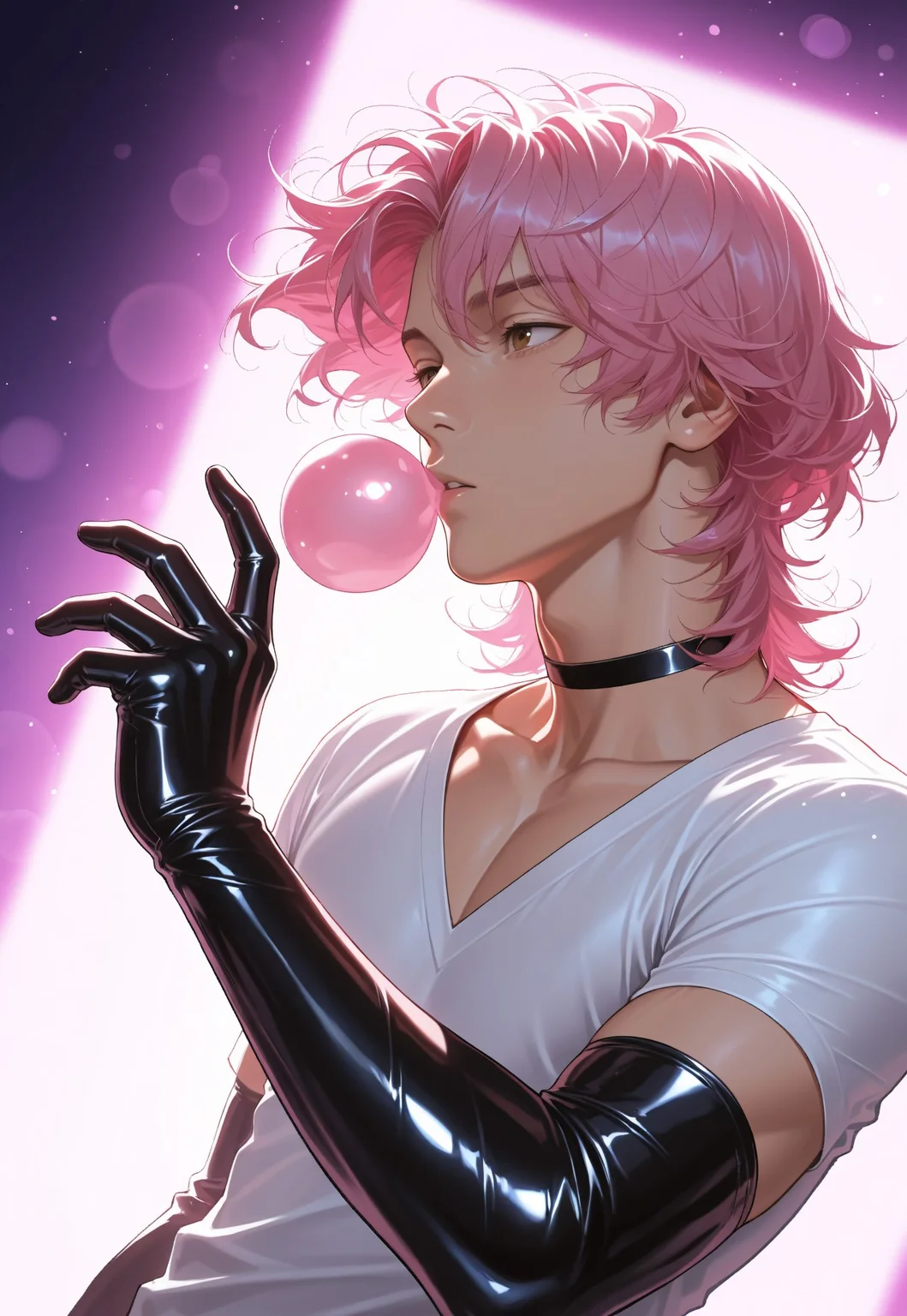 masterpiece, high quality, best quality, very aesthetic, absurdres, extremely detailed, realistic, volumetric lighting, (male focus, gay, male only), dynamic pose, dynamic angle,, 1boy, portrait, brown eyes, shallow depth of field, bokeh, pink hair, medium hair, pink vignette, dutch angle, tight shirt, v-neck, medium hair, curly hair, neckerchief, toned male, blowing hair, boy band idol, choker, white shirt, latex forearm sleeve, bubble gum