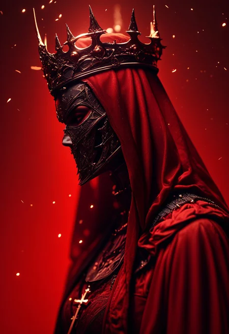 (score_9, score_8_up), score_7_up, nosferatu vampire lord, simple background, jewelry, upper body, hood, necklace, armor, from side, mask, halo, helmet, cross, crown, veil, cloak, red background, spikes, hood up, robe, red theme, covered face, helm
,
depth of field, blurry background, black background, dark, CINE, embers,
<lora:unholy-000009:0.75> <lora:CINE-000008:0.5>