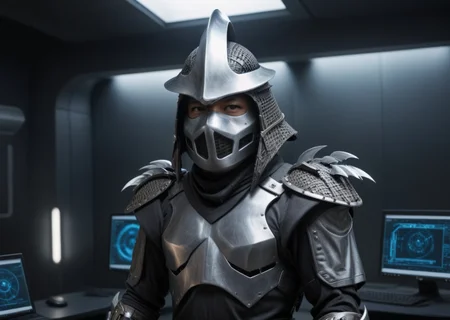 a highres photo of a TMNTShredder 1man armored samurai knight, wearing a futuristic full armor outfit with pauldrons and futuristic metal samurai helmet with mask, in a futuristic research facility, computers, futuristic machines, futuristic lights, muscular build, <lora:90s_TMNT_Shredder_SDXL:0.8>