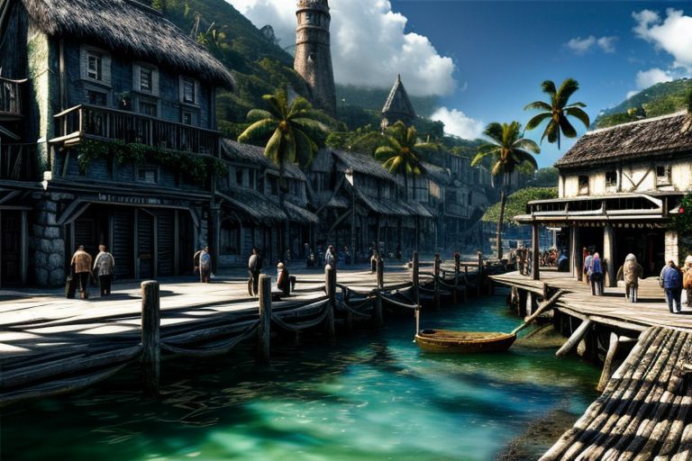 (masterpiece:1.2), (best quality,:1.2), 8k, HDR, ultra detailed, ((photorealistic)), perfect anatomy, professional light, cinematic lighting, fashion photography, ambient lighting, pire, ships, pier, outside a tavern over looking a busy harbor in the caribbean, noon