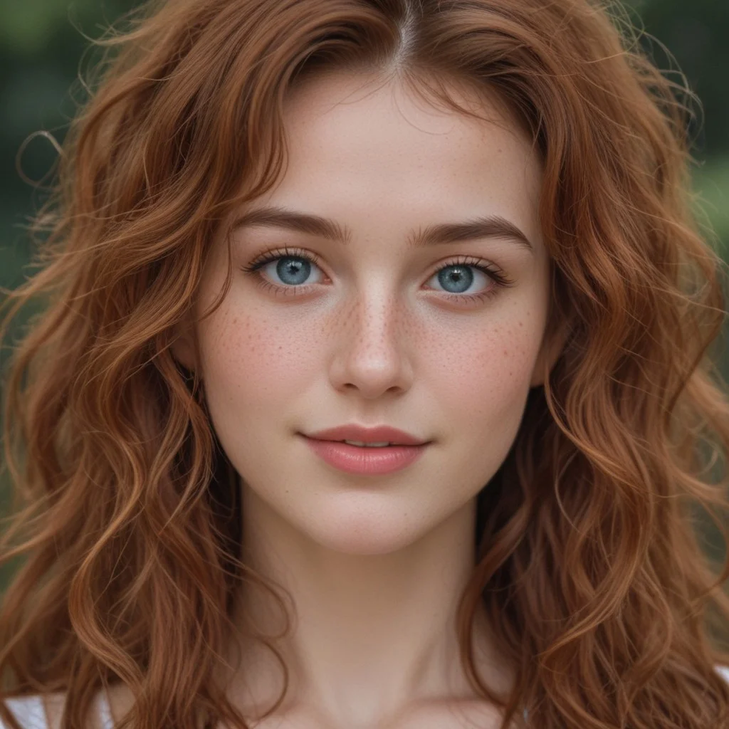 A portrait of a stunning and laughing redhead woman with bright and deep red long hair, curly hair that frames her face beautifully, She has clear and luminous blue eyes, smooth and fair skin with a subtle glow and freckles, the expression on her face is a laughter, The lighting is soft and natural, creating a warm and inviting atmosphere. The overall mood is serene and captivating, attention to detail in the texture of her hair and the sparkle in her eyes.