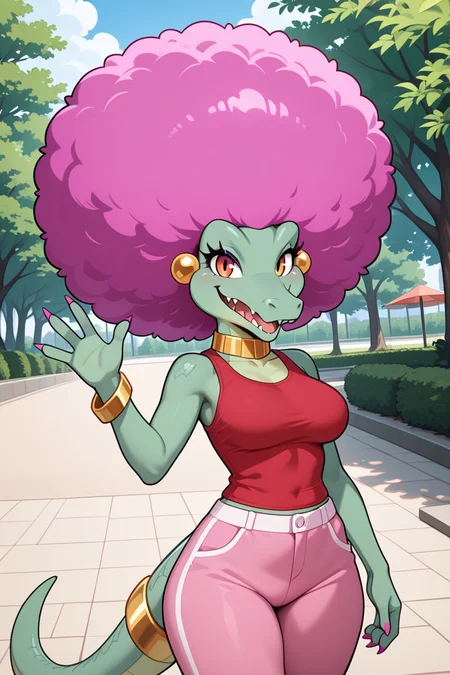masterpiece, best quality, amazing quality, very aesthetic, high resolution, ultra-detailed, absurdres, newest BREAK 1girl, solo, kalypso, anthro, furry female, afro, pink hair, crocodilian, crocodilian tail, ball earrings, tail ring, collar, bangle, claws, red shirt, pink pants, standing, looking at viewer, waving, open mouth, smile, happy, outdoors, park